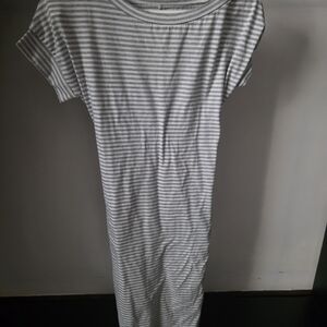 Striped Crewneck T-Shirt Dress in Light Gray and White